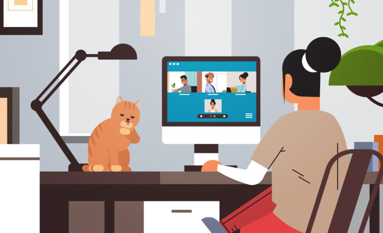 woman meeting with mix race friends during video call Covid-19 pandemic coronavirus quarantine concept people having virtual fun live conference living room interior horizontal vector illustration